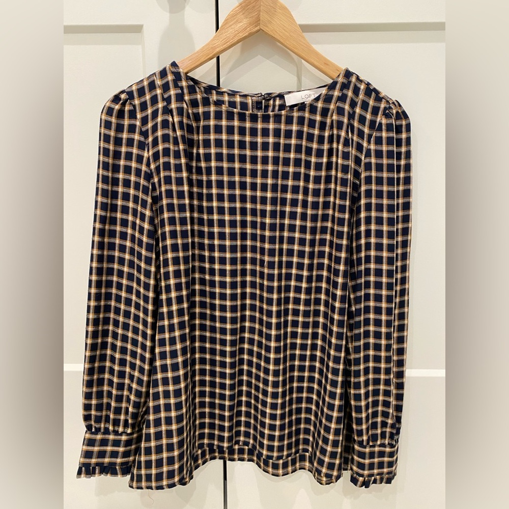 NWOT Loft Medium Petite Blouse Navy Gold Yellow Plaid